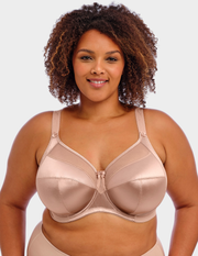 Front view of a model wearing Goddess Keira bra in fawn