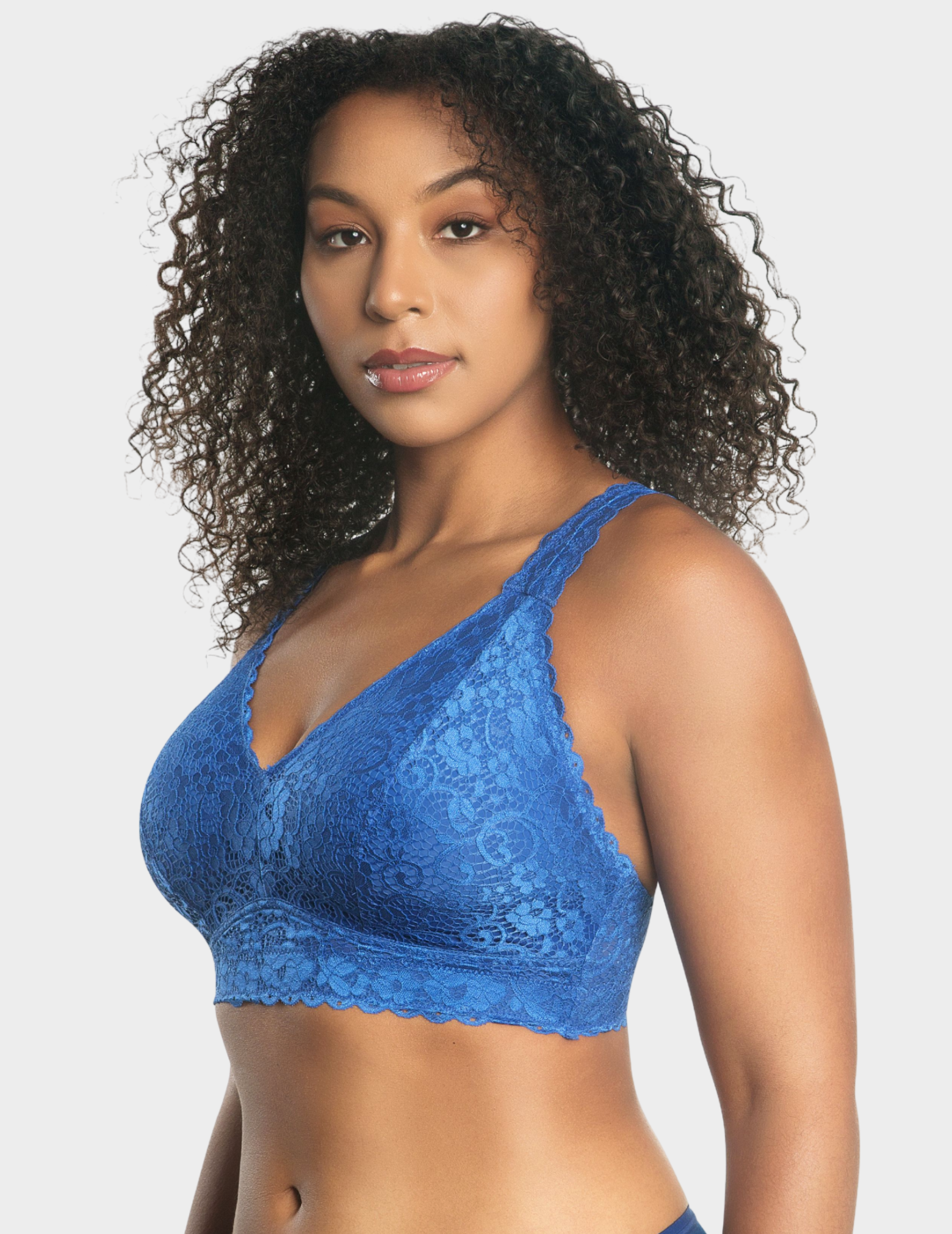 Side view of a model wearing Parfait Adriana bralette in Sapphire