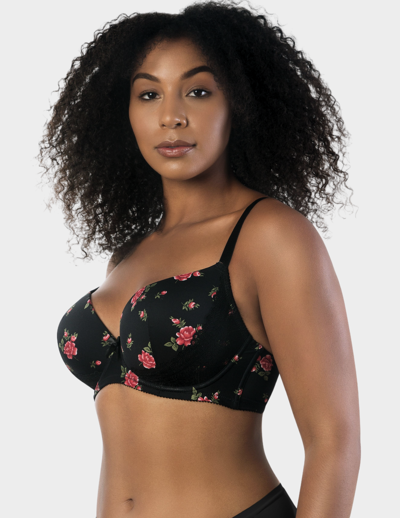 Side view of a model wearing Parfait Casey plunge bra in Black Rose Print