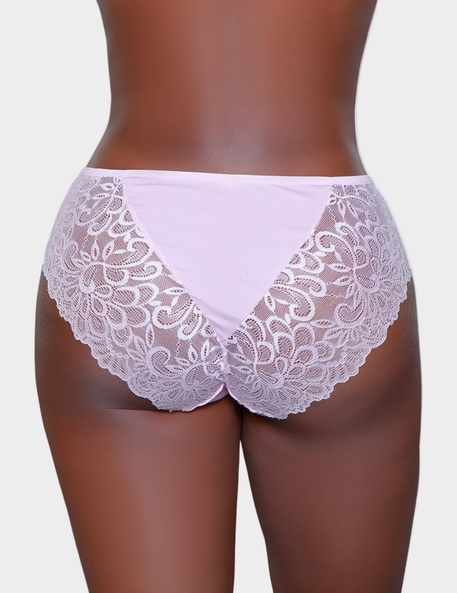 Back view of a model wearing light pink lace underwear
