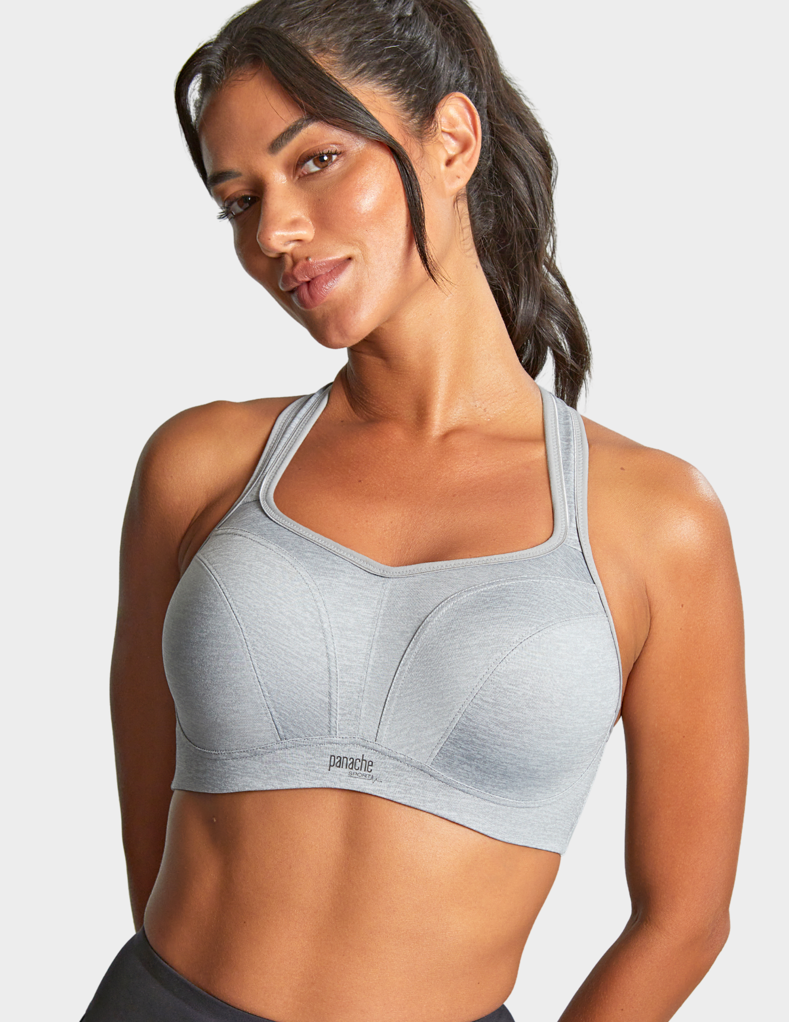 Front view of a model wearing Panache Power sports bra in Grey Marl