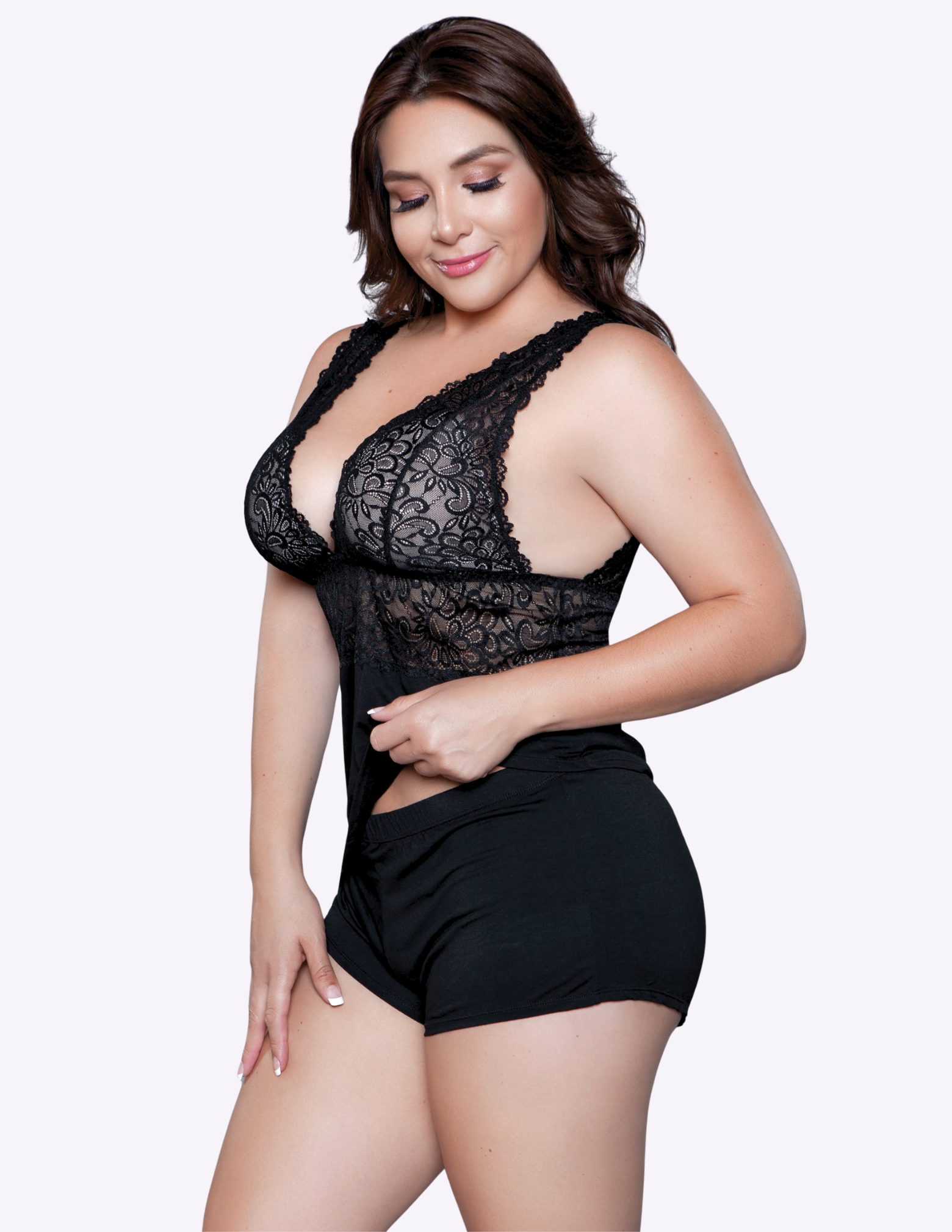 Orian 2 Piece Lace Plunging Neckline PJ Set