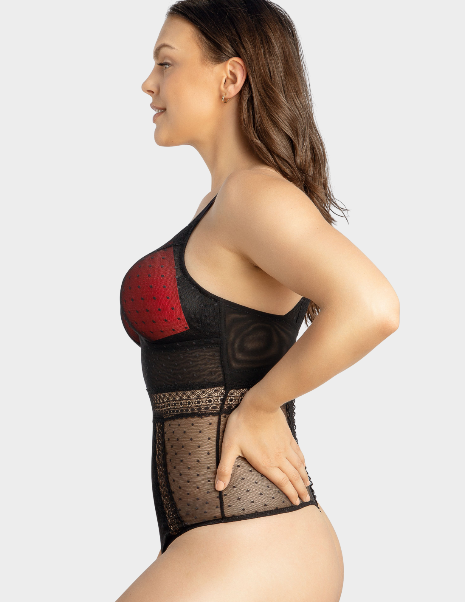 Side view of a model wearing Parfait Mia bodysuit in black