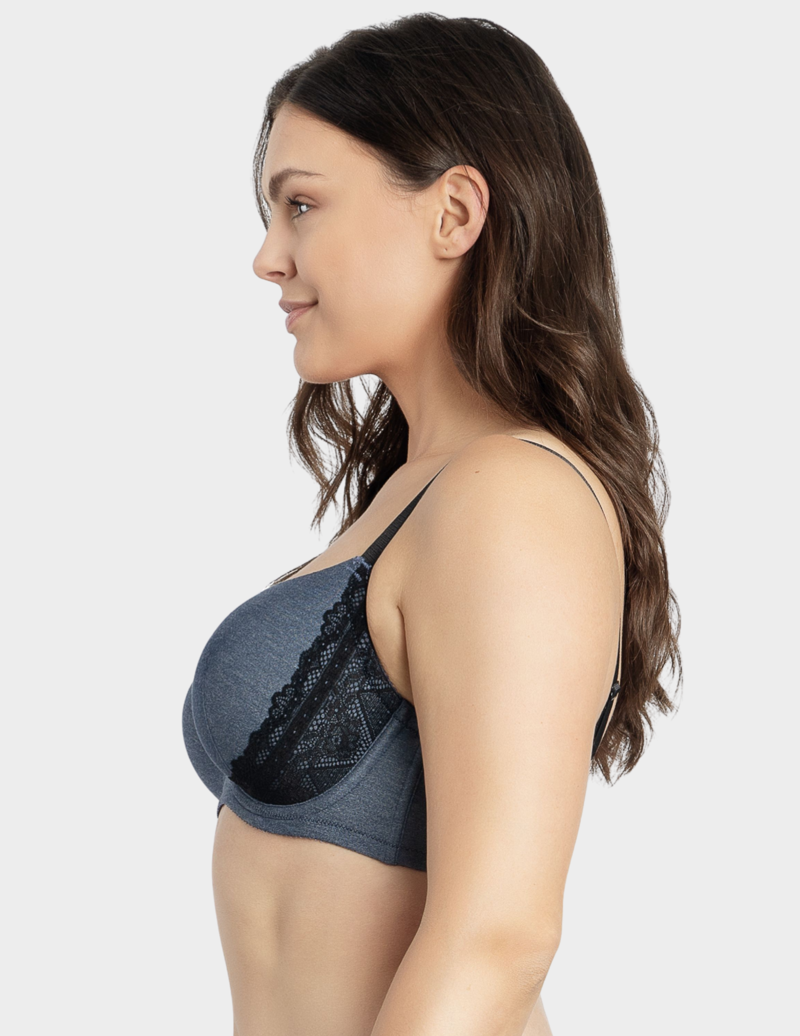 Side view of a model wearing Parfait Casey plunge bra in Dark Denim