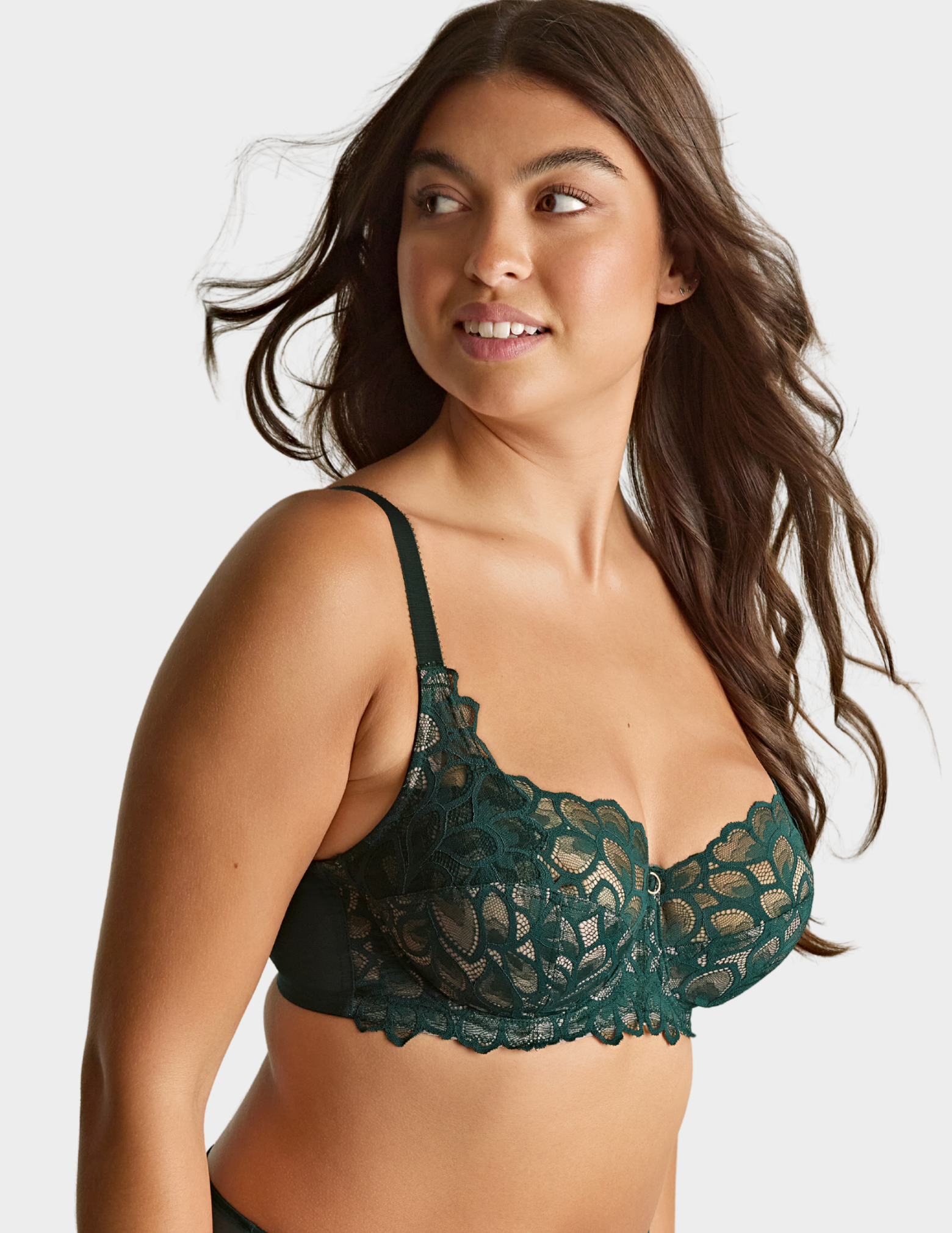Side view of a model wearing Panache Allure bra in Forest Green