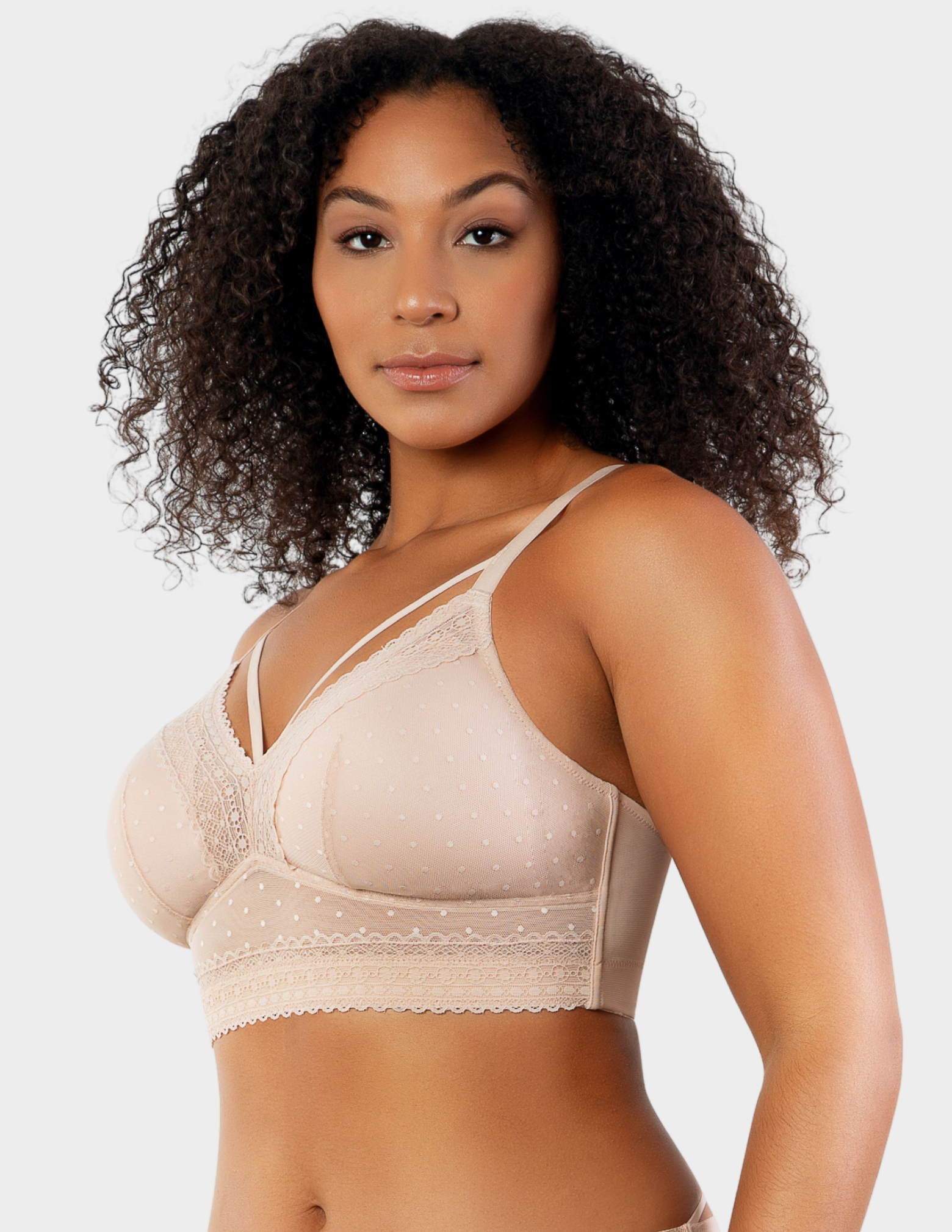 Side view of a model wearing Parfait Mia bralette in Cameo Rose
