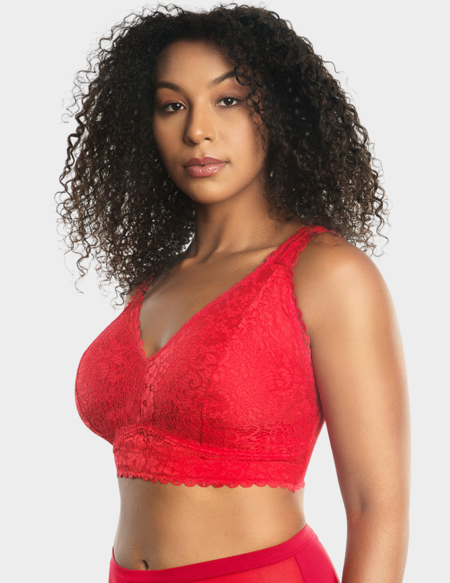 Side view of a model wearing Parfait Adriana bralette in Racing Red