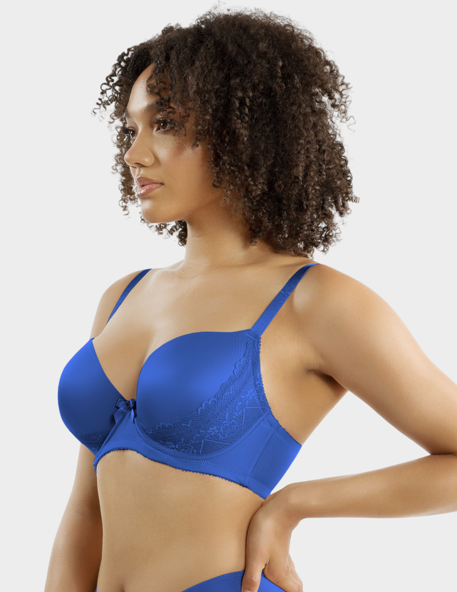 Side view of a model wearing Parfait Casey plunge bra in Nautical Blue