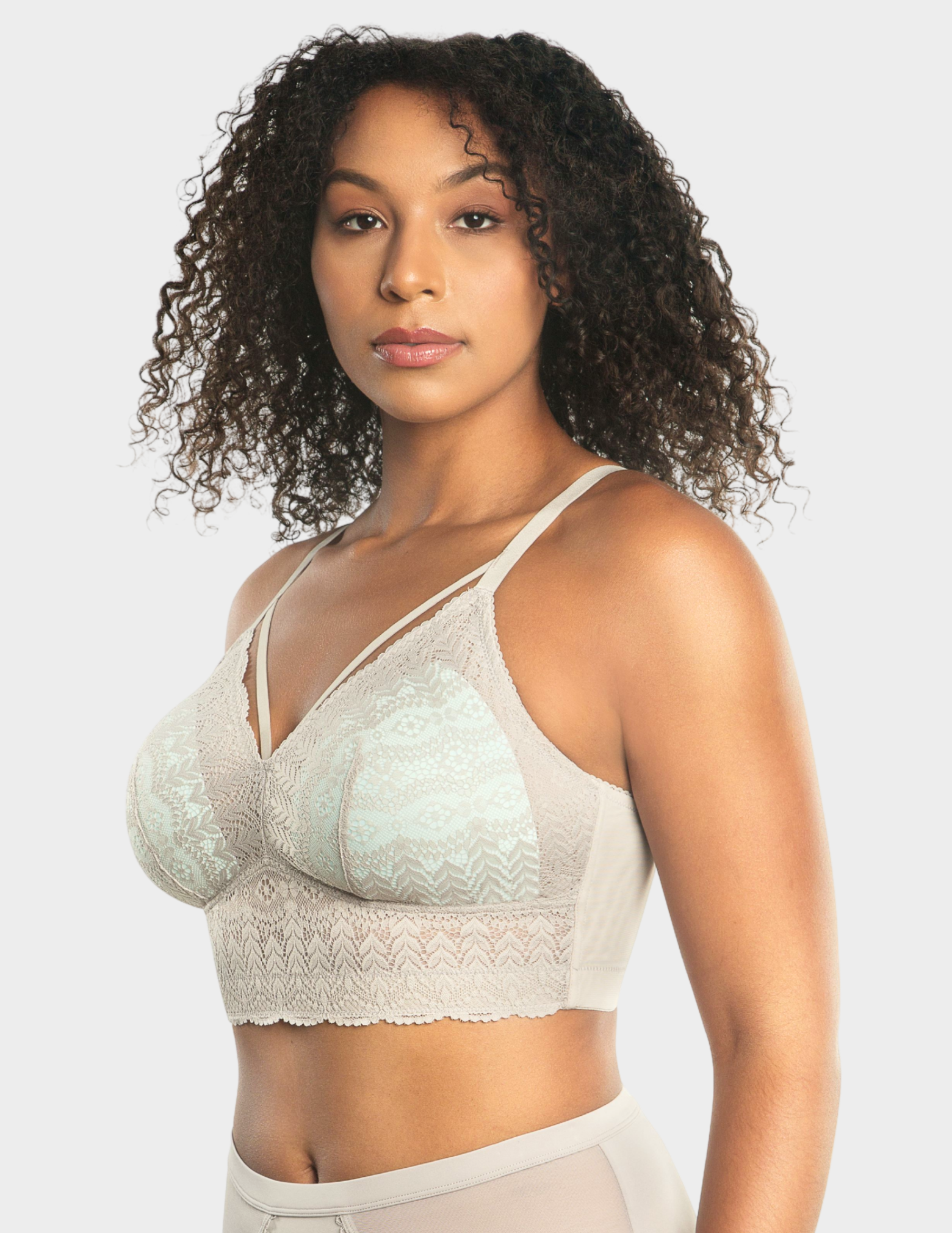 Side view of a model wearing Parfait Mia bralette in Sandstone