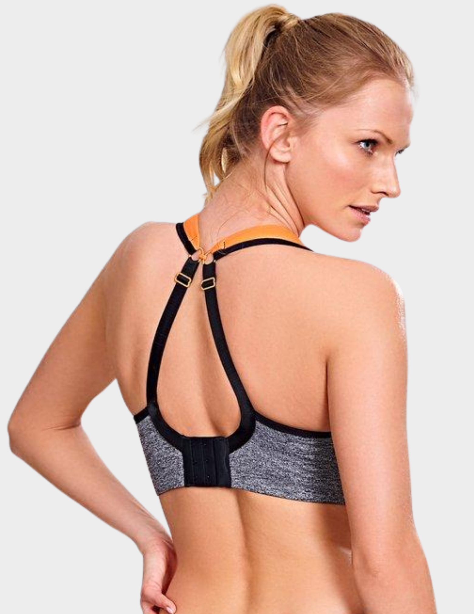 Back view of a model wearing Panache Power sports bra in Grey Mango with straps hooked