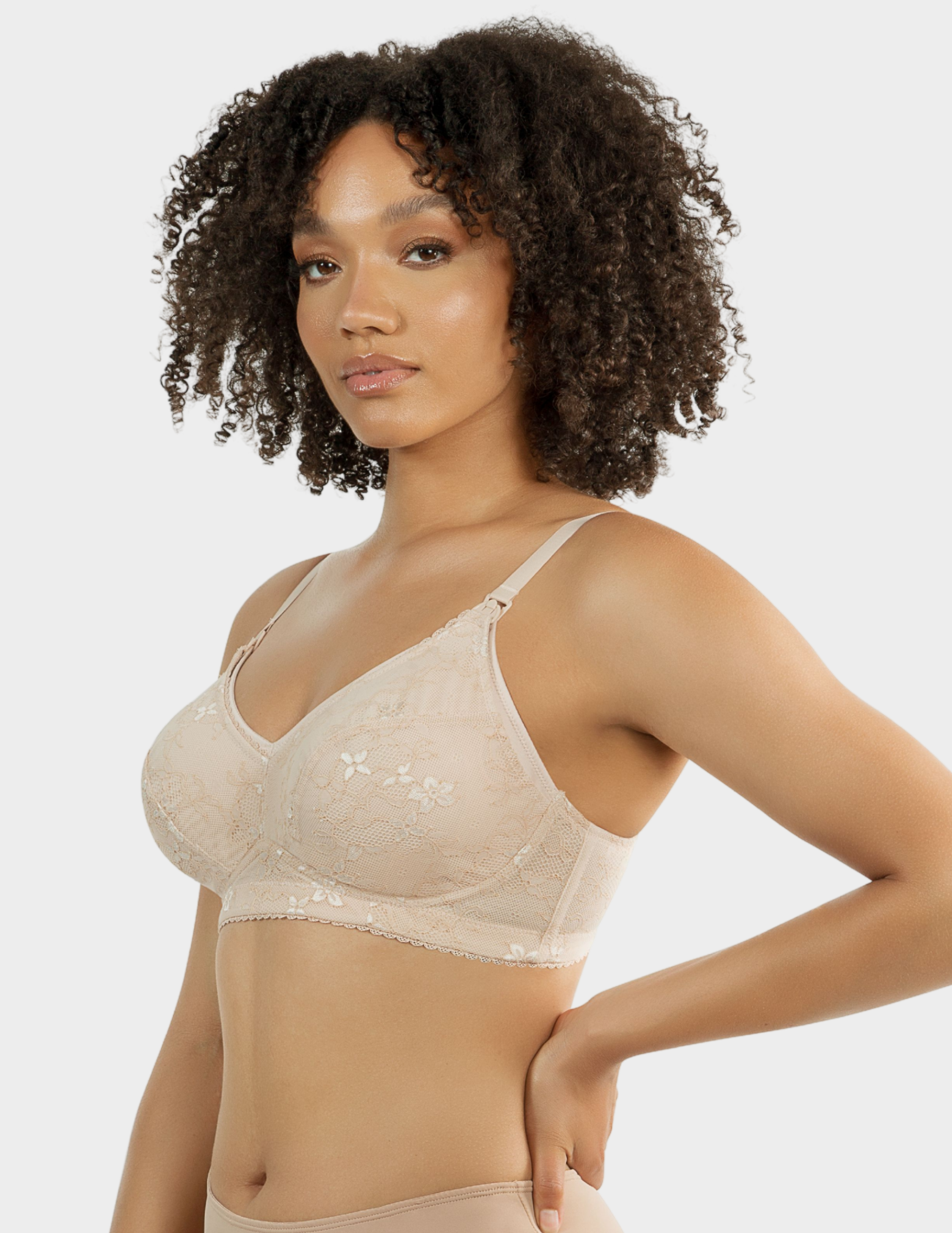 Side view of a model wearing Parfait Rain nursing bra in Porcelain
