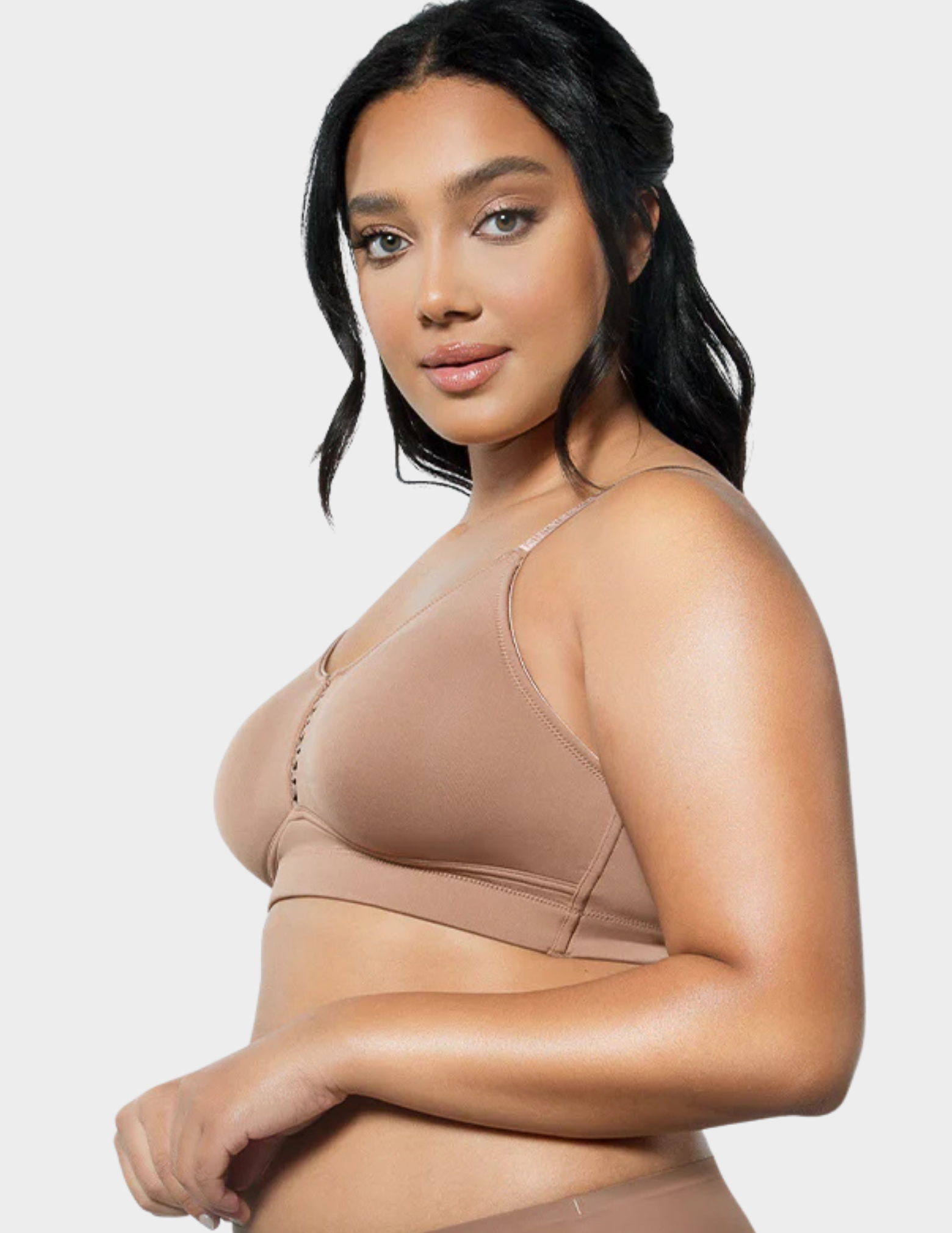 Side view of a model wearing Parfait Erika bralette in Mid Nude