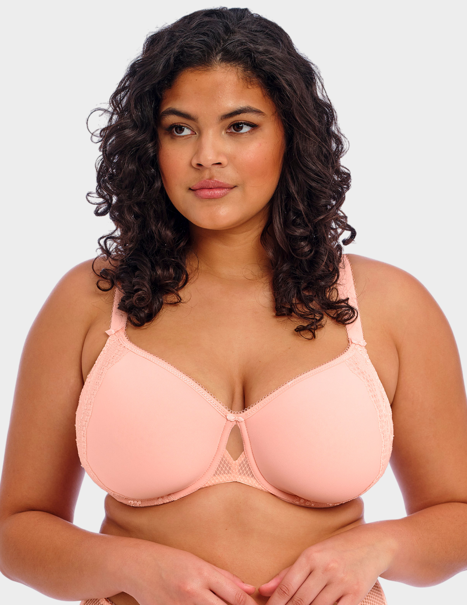 Front view of a model wearing Elomi Charley spacer bra in ballet pink