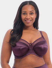 Front view of a model wearing Goddess Keira bra in Damson