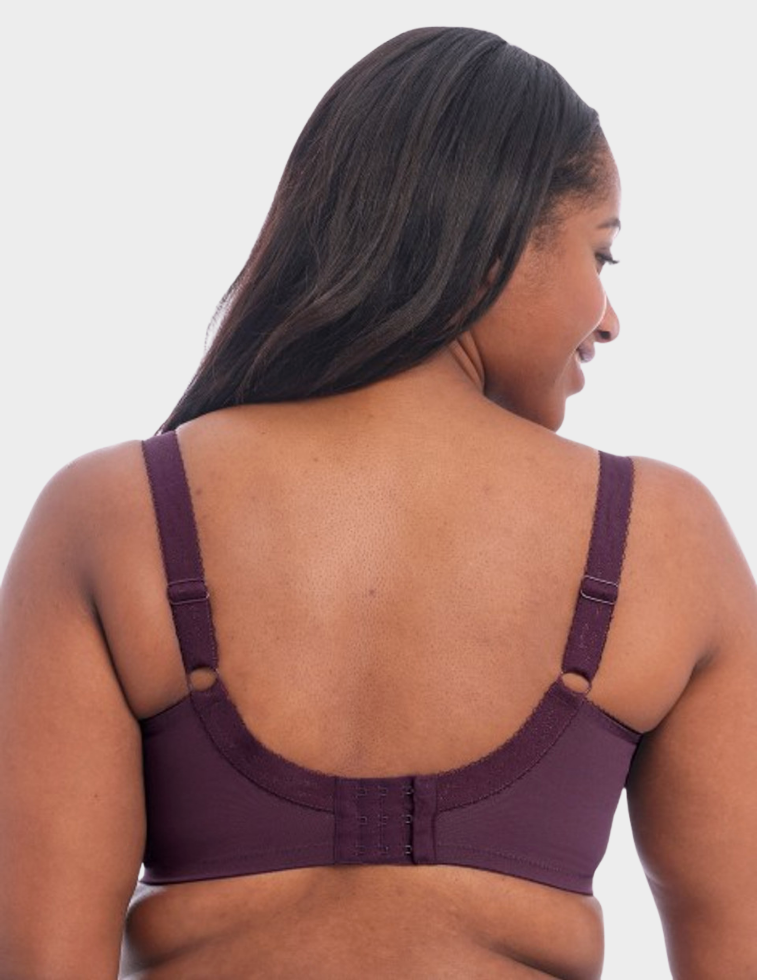 Back view of a model wearing Goddess Keira bra in Damson