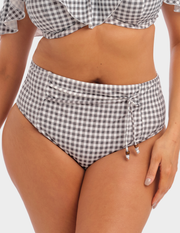 Front view of a model wearing Elomi Checkmate swim brief in grey marl