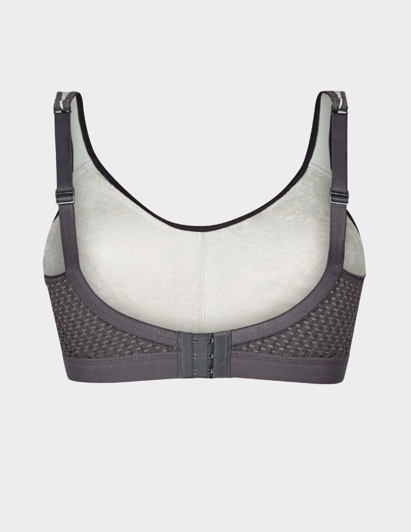 Back view of a model wearing Anita Extreme Control sports bra in color Heather Grey