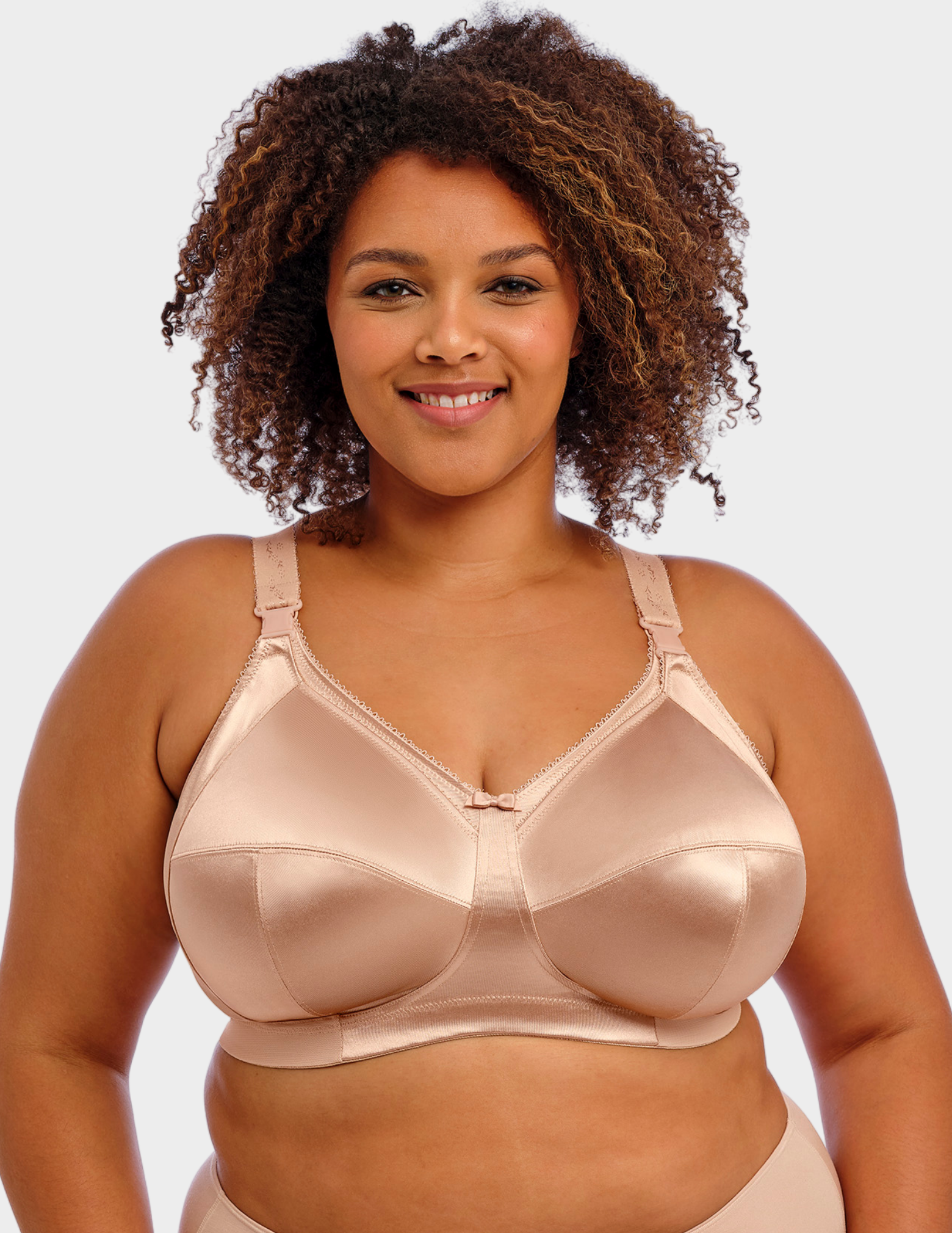 Front view of a model wearing Goddess Keira wirefree nursing bra in fawn