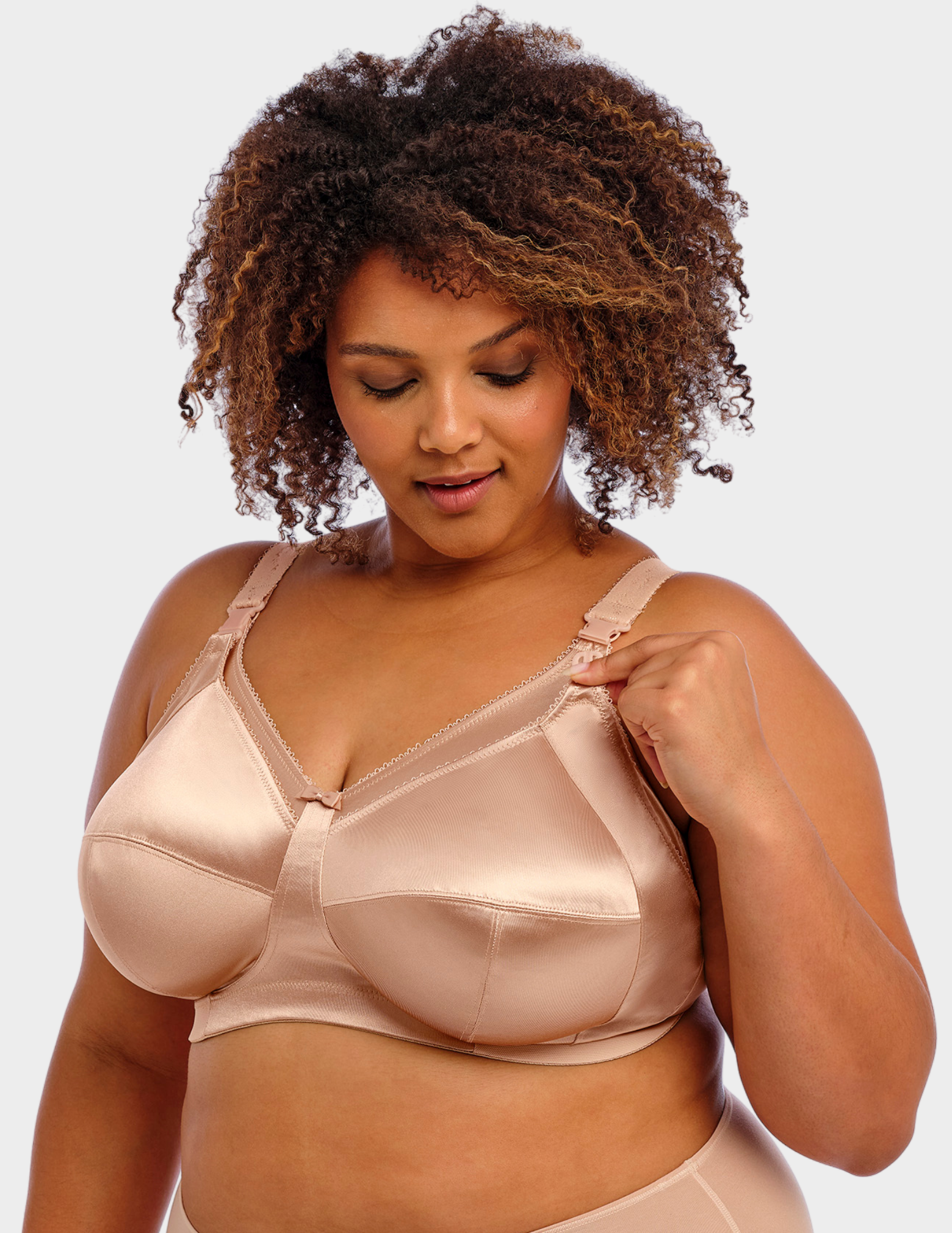 Side view of a model wearing Goddess Keira wirefree nursing bra in fawn