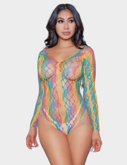 Front view of a model wearing a rainbow fishnet bodysuit