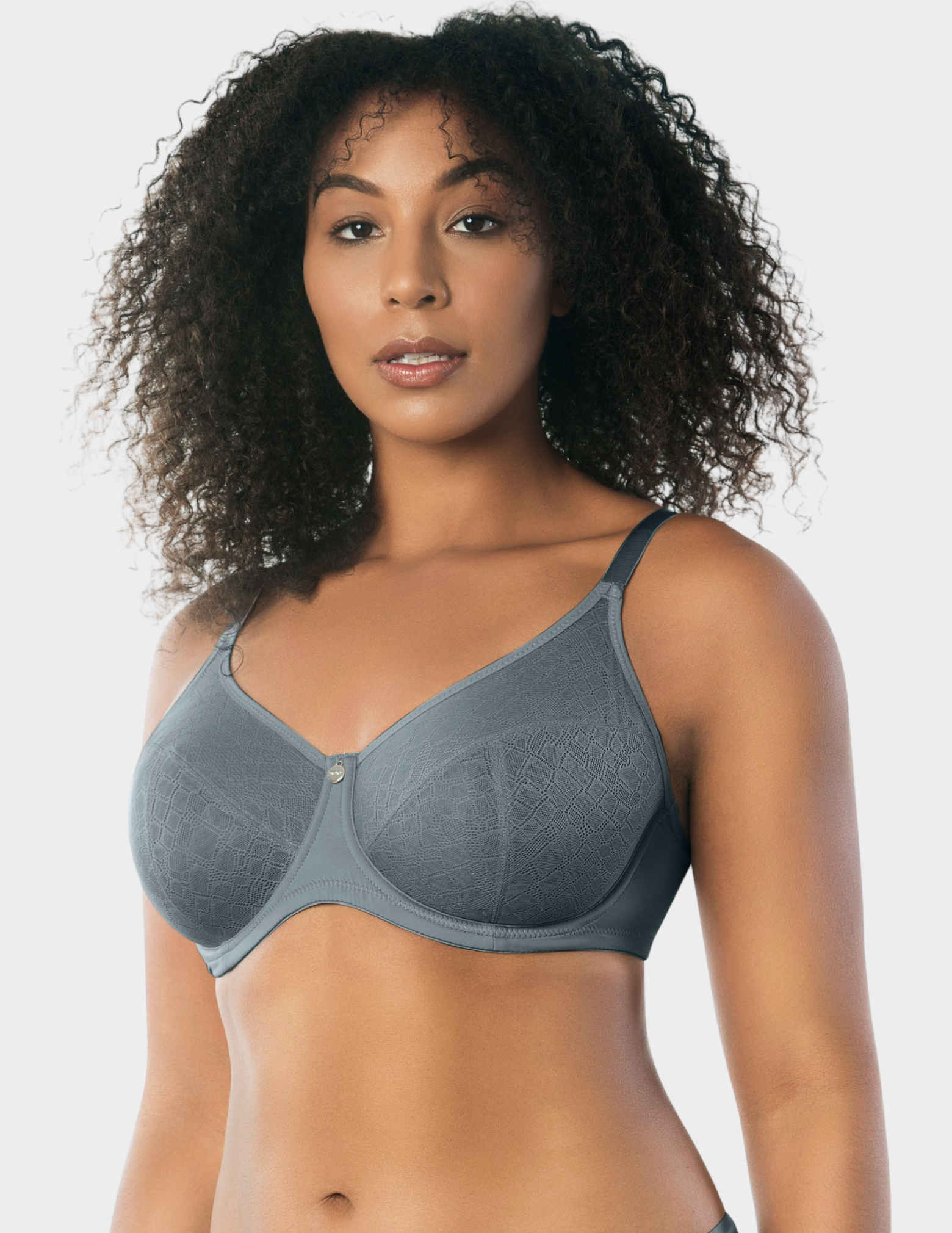 Side view of a model wearing Parfait Enora minimizer bra in Charcoal