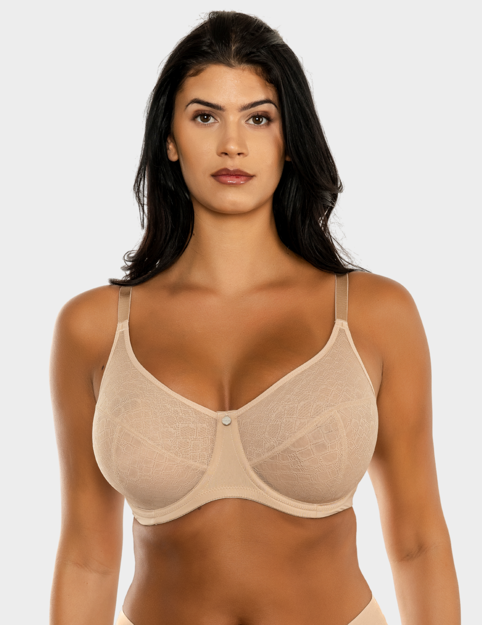 Front view of a model wearing Parfait Enora minimizer bra in European Nude