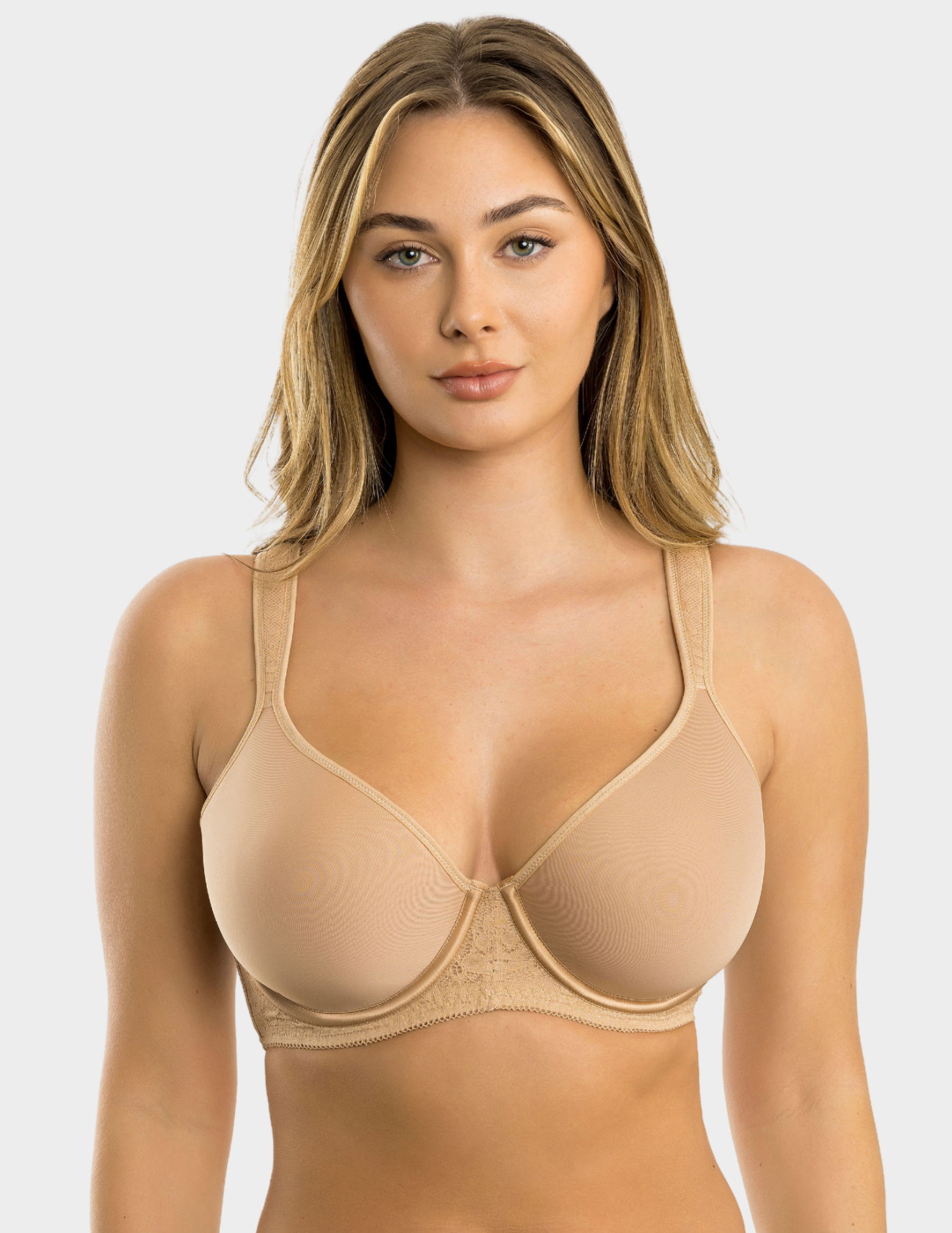 Front view of a model wearing Parfait Bliss t shirt bra in warm sand