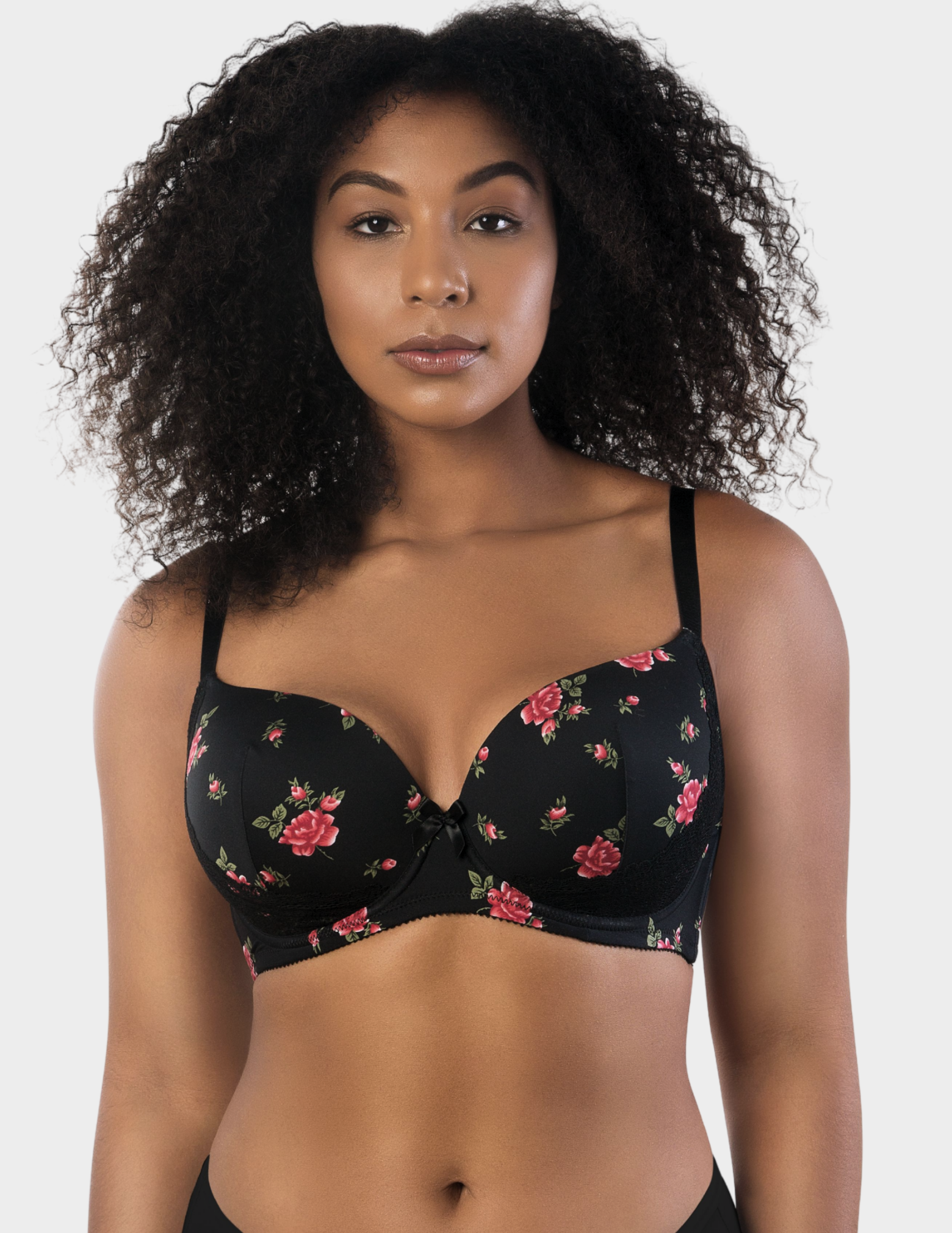 Front view of a model wearing Parfait Casey plunge bra in Black Rose Print