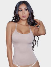 Front view of a model wearing a beige seamless shapewear top