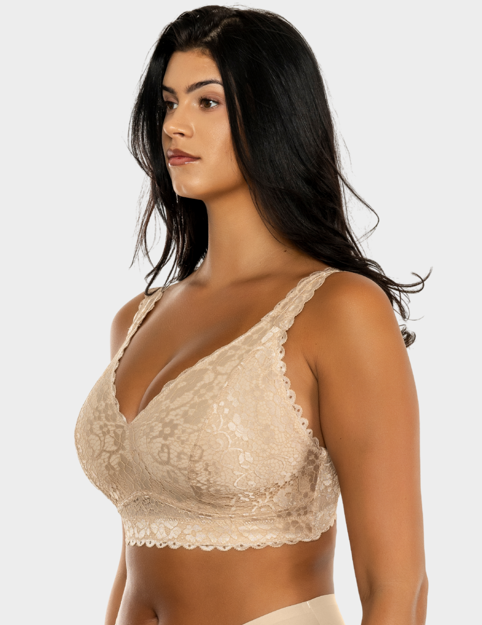 Side view of a model wearing Parfait Adriana bralette in Bare