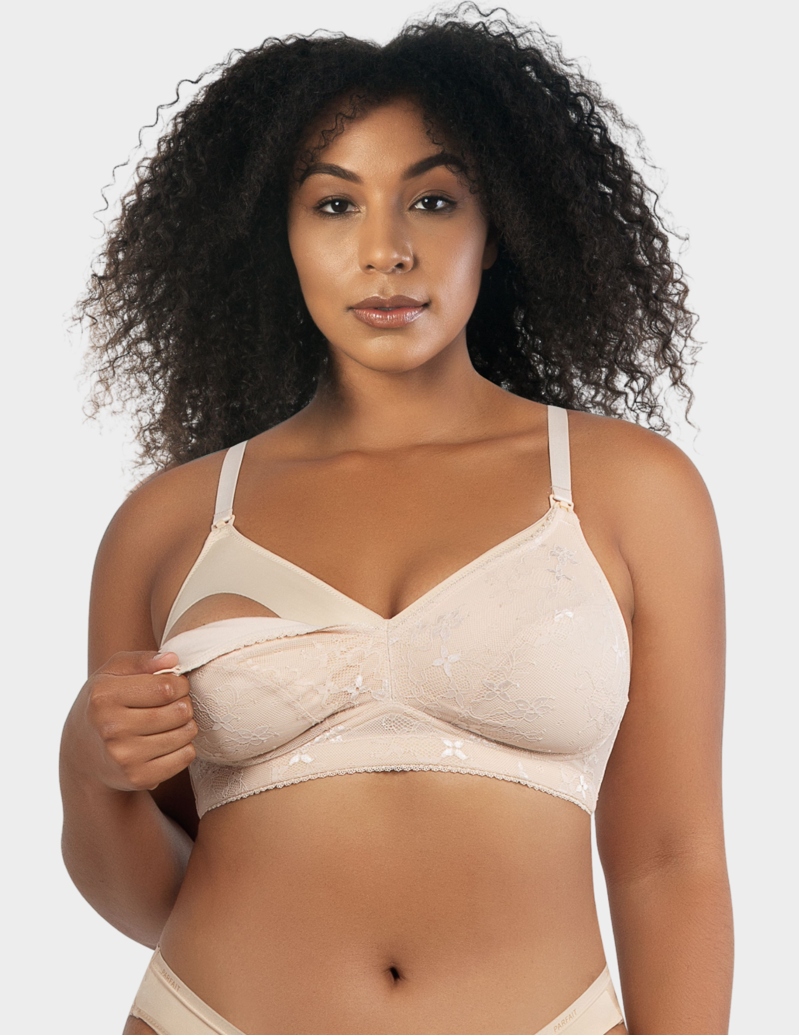 Front view of a model wearing Parfait Rain nursing bra in Porcelain