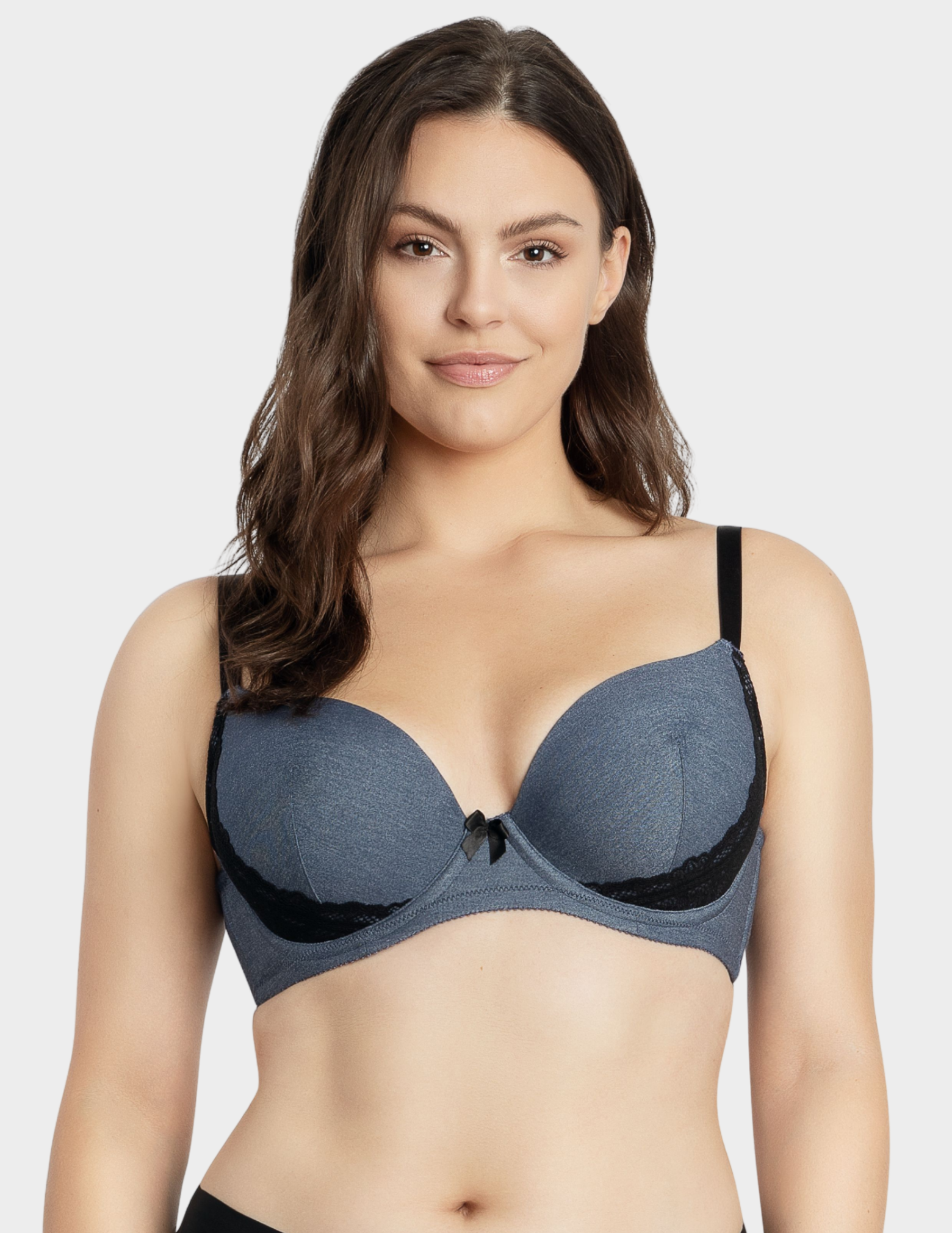Front view of a model wearing Parfait Casey plunge bra in Dark Denim