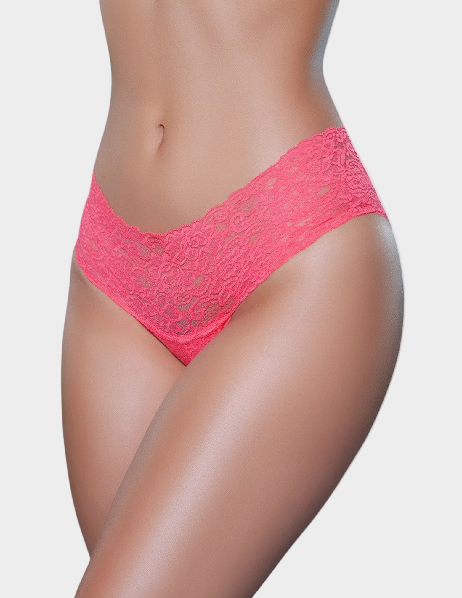 Side view of a model wearing pink lace underwear