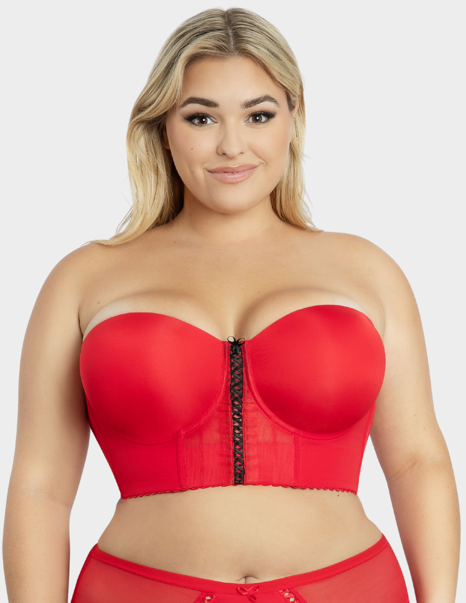 Front view of a model wearing Parfait Shea bustier bra in racing red
