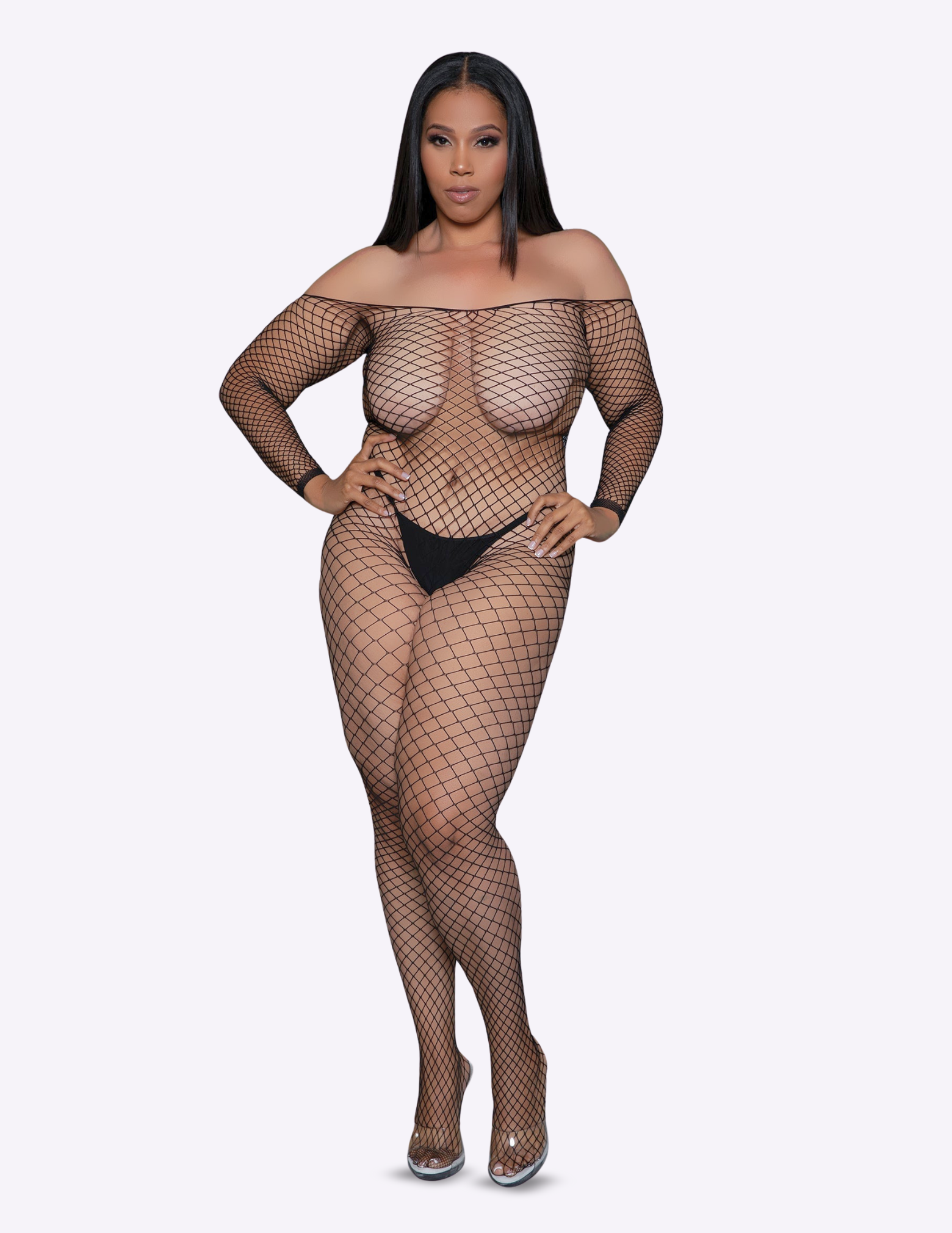 Woman wearing a black fishnet bodysuit on a white background