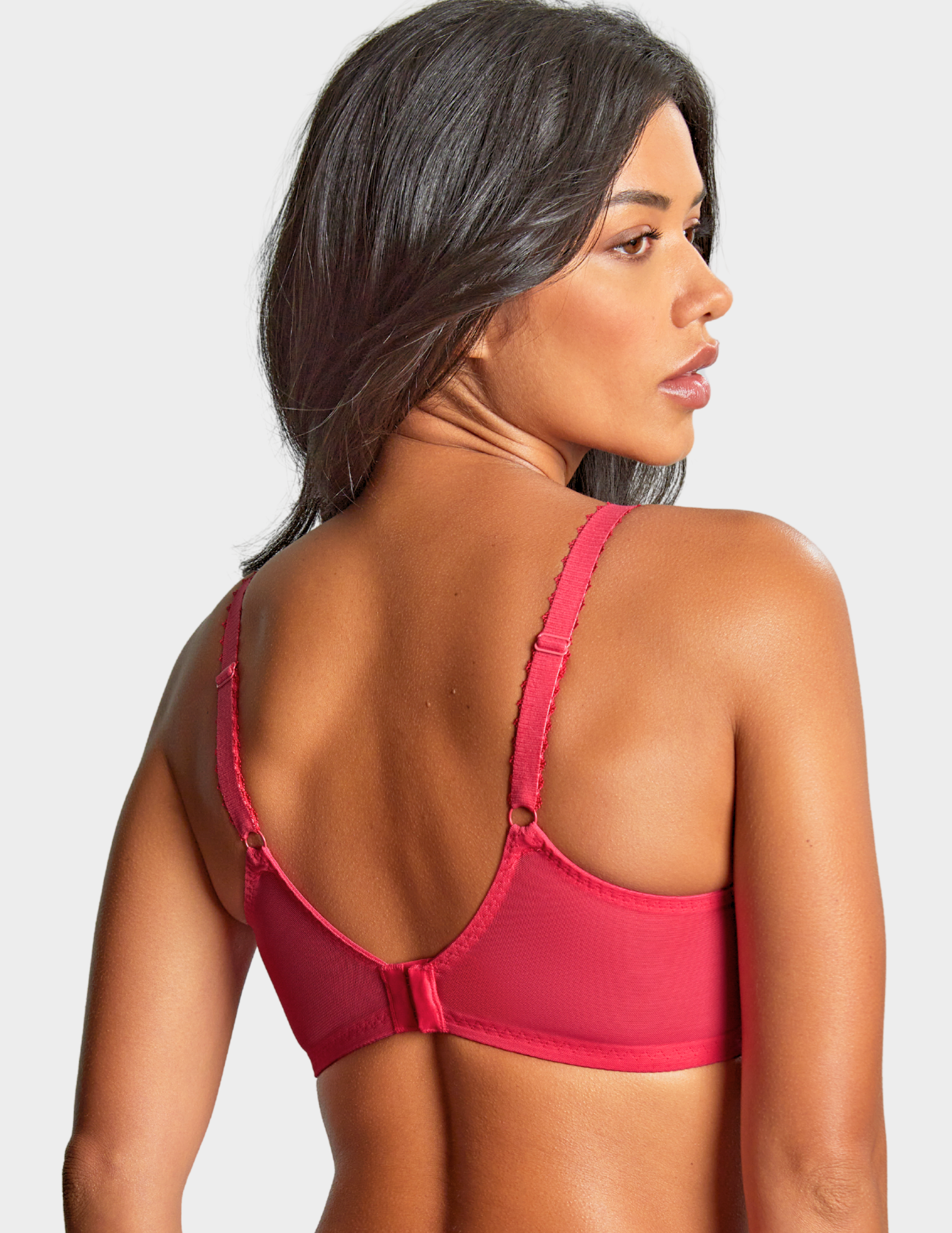 Back view of a model wearing Panache Meadow plunge bra in Raspberry