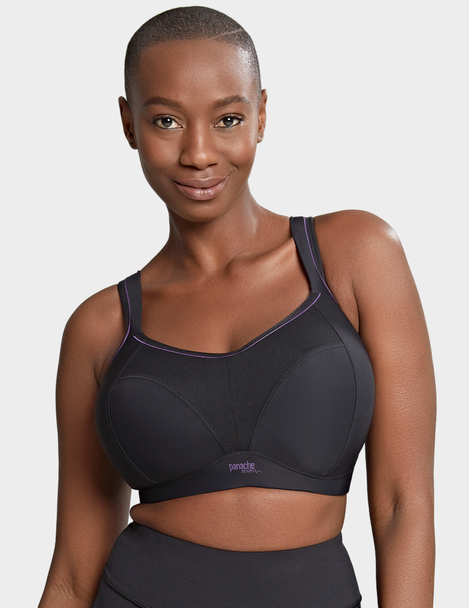 Front view of a model wearing Panache Non wired sports bra in Black