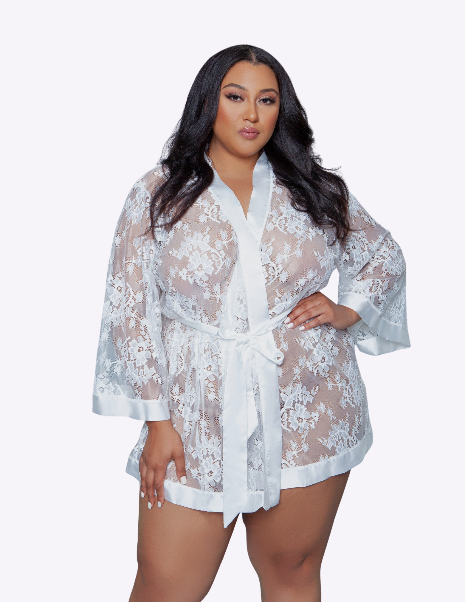 Delia Robe Floral Lace Robe with Satin Trimming