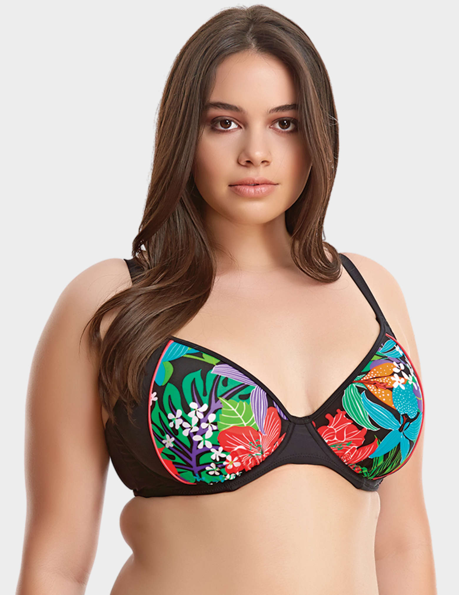 Front view of a model wearing Elomi Cubana bikini top