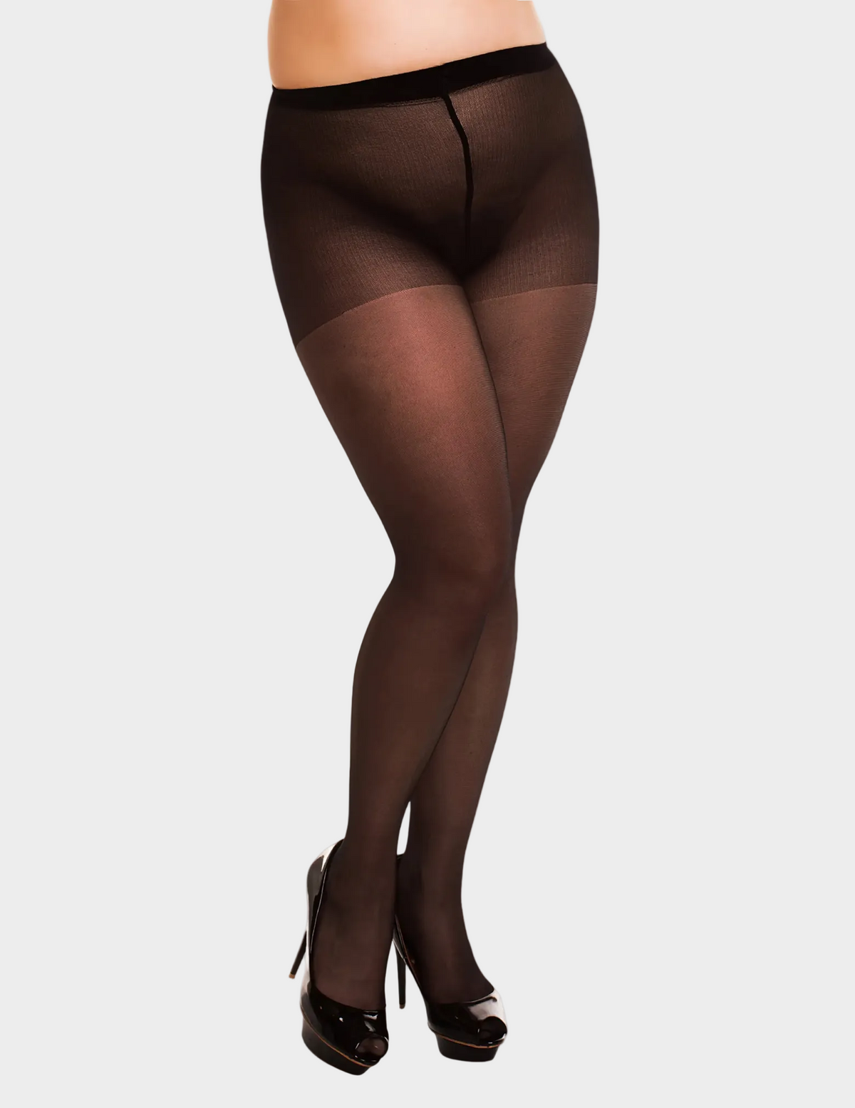 Front view of a model wearing Glamory Satin20 tights in Black