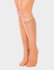 Front view of a model wearing Glamory Fit20 Knee Highs in Makeup