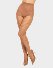 Front view of a model wearing Glamory Mesh fishnet tights in Makeup