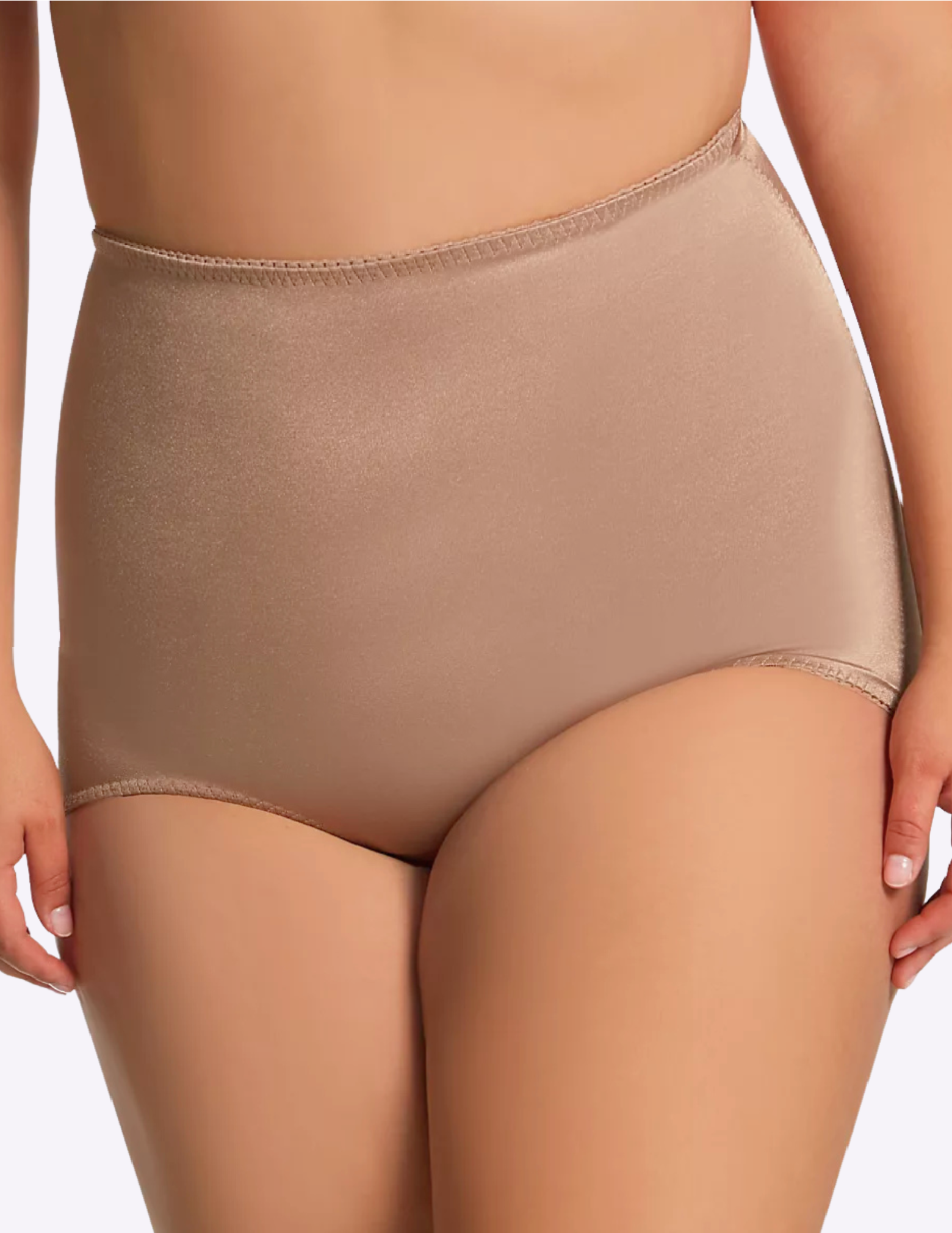 Front view of a curvy model wearing Rago 511 mocha shaping panty