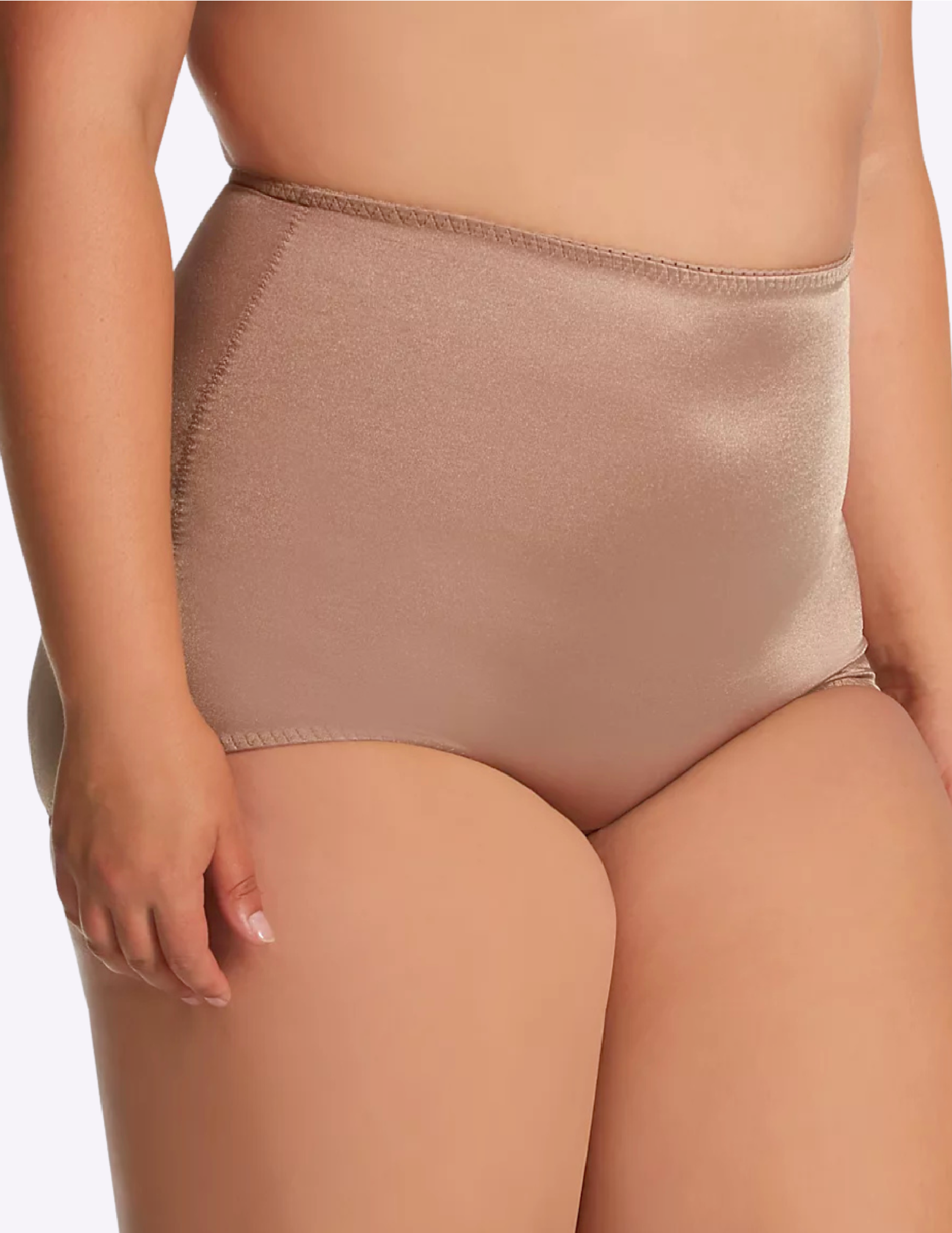 Side view of a curvy model wearing Rago 511 mocha shaping panty