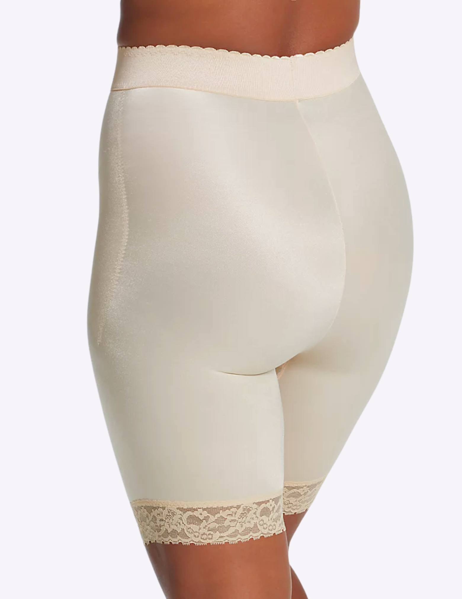 Back view of model wearing beige rago 518 leg shaper