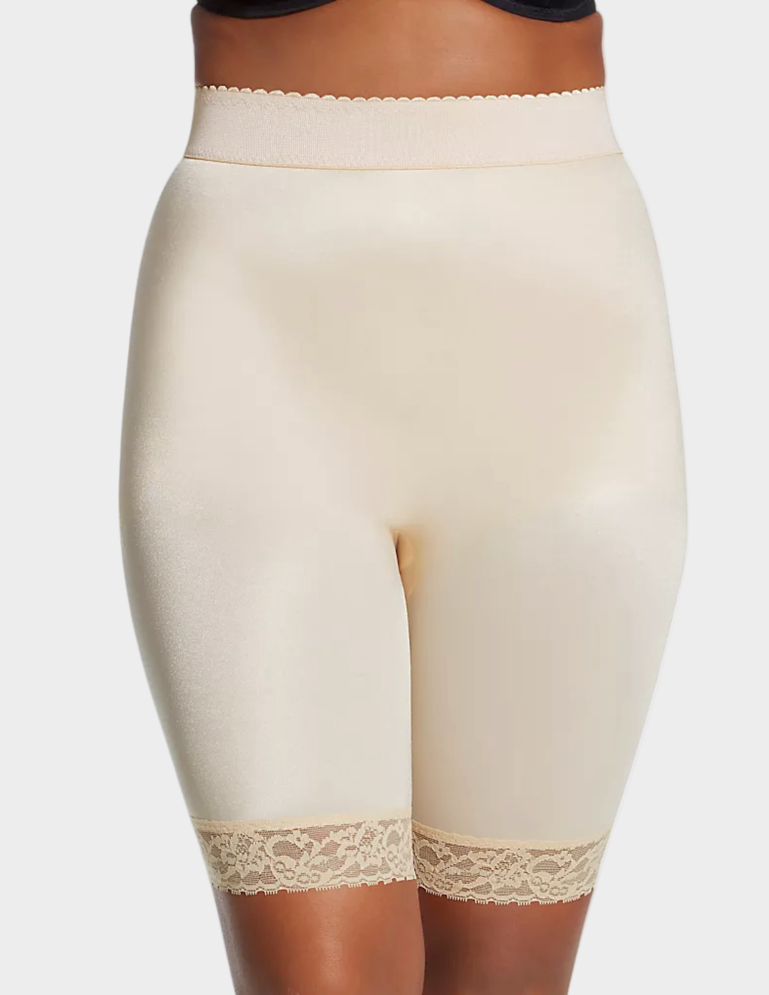Front view of model wearing beige rago 518 leg shaper