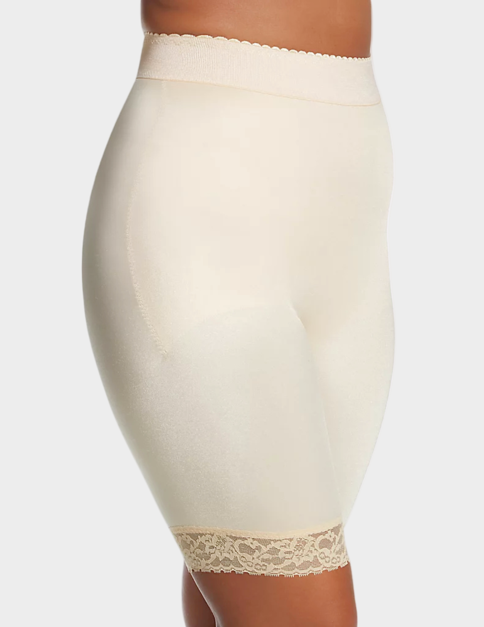 Side view of model wearing beige rago 518 leg shaper
