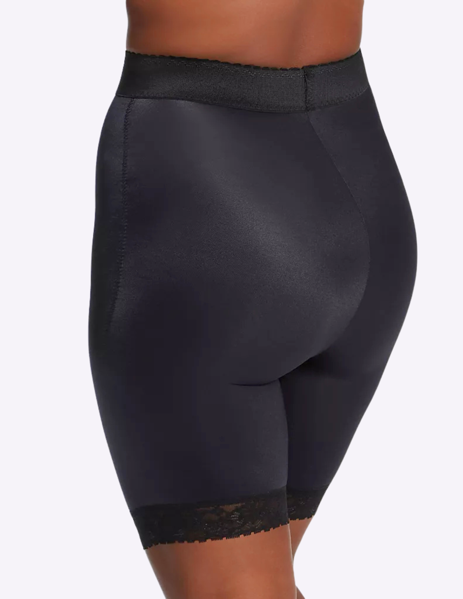 Back view of model wearing black rago 518 leg shaper