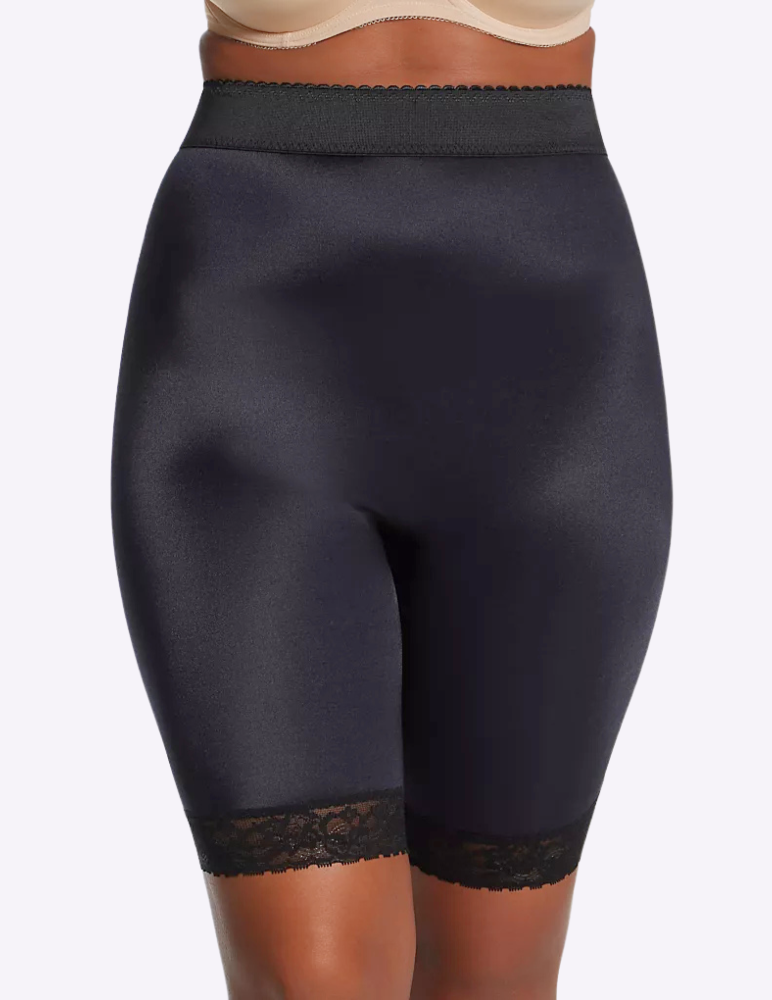 Front view of model wearing black rago 518 leg shaper