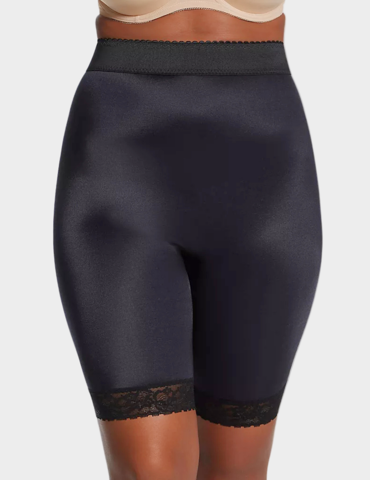 Front view of model wearing black rago 518 leg shaper